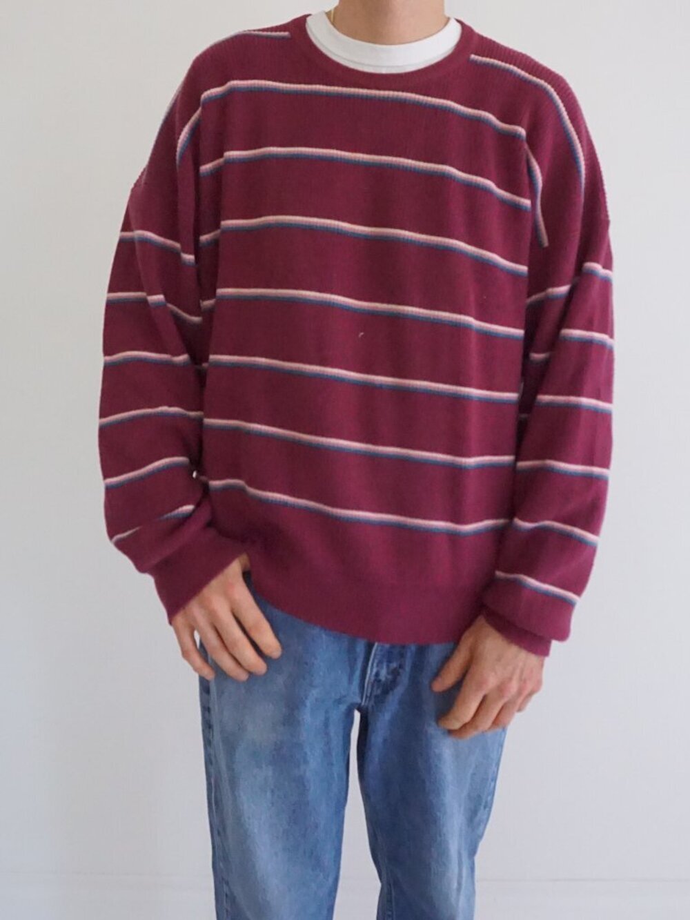 Vintage Alan Paine Burgundy White Striped Made in England Cotton Long Sweater XL